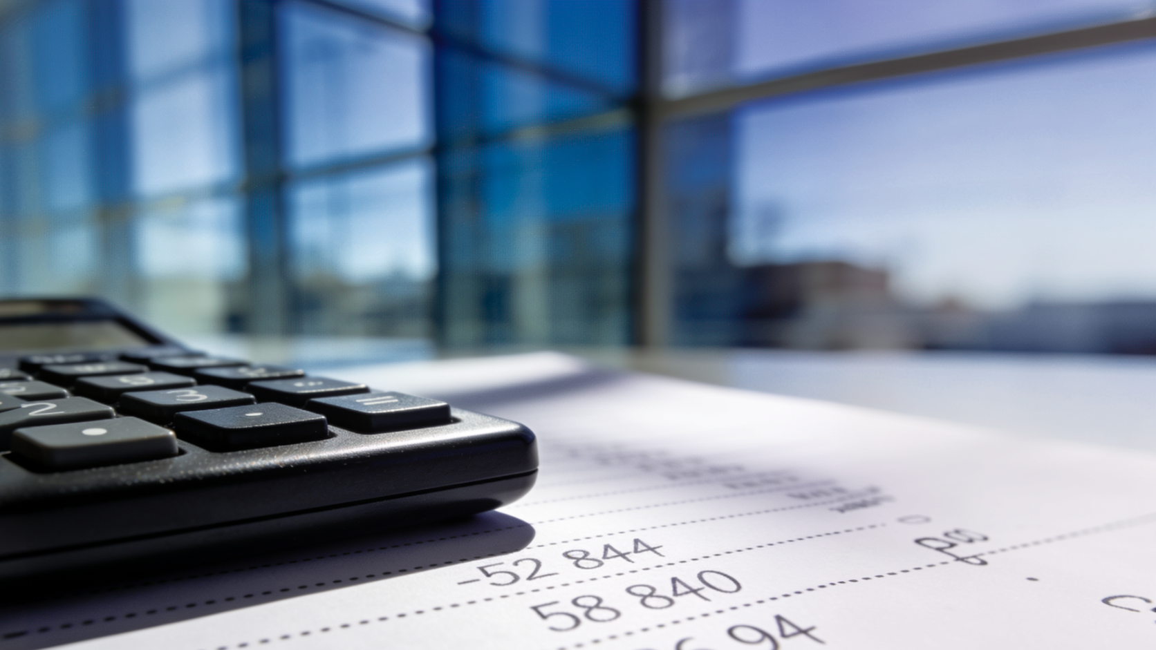 A close-up, high-angle shot shows a black calculator resting on a sheet of paper with rows of numbers. The calculator's dark, matte surface contrasts with the white paper, and its corner is in sharp focus.
