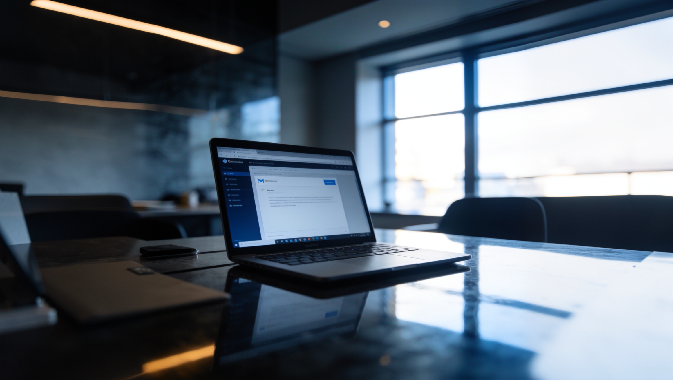 A laptop is open on a desk, displaying an email. . scene is lit by natural light coming from a window.